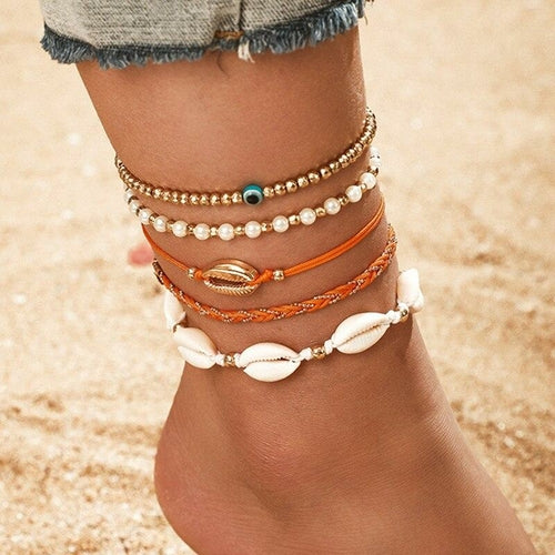 Multi Layered Gold Shell Pendant Chains Ankle Bracelet