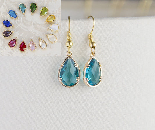 Birthstone Gold Plated Earrings, Faceted Birthday Gift Earrings for