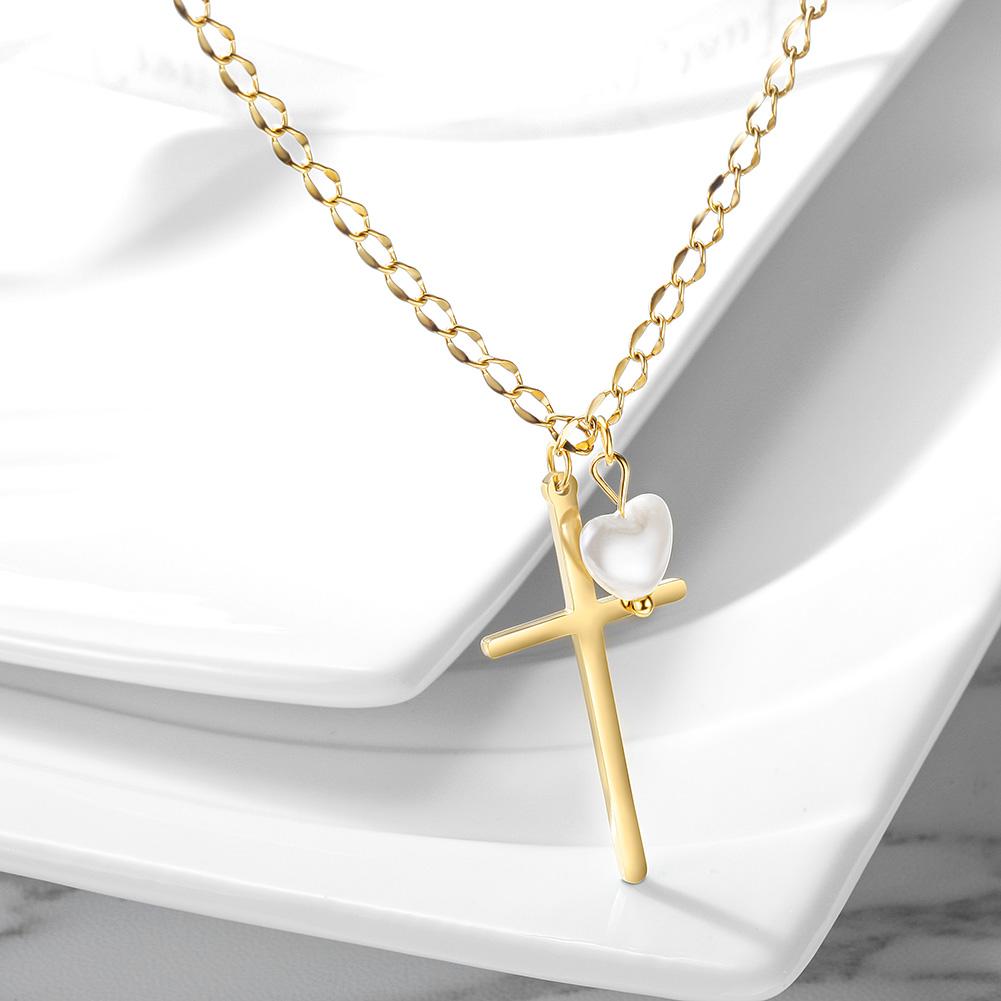 Cross with Love-shaped Pearl Pendant Necklace