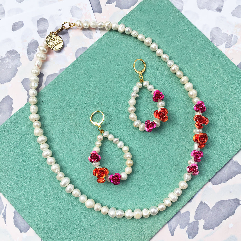 Rose Pearl Earrings + Necklace