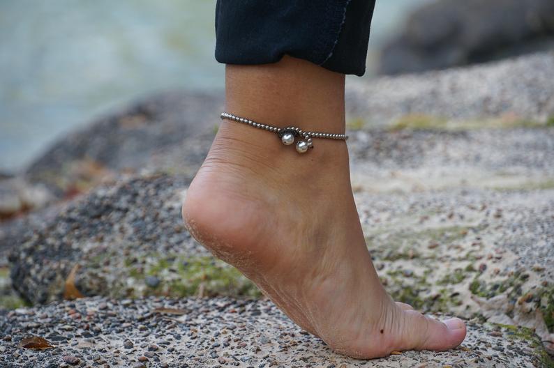 White Teardrop Bead Boho Silver Anklet