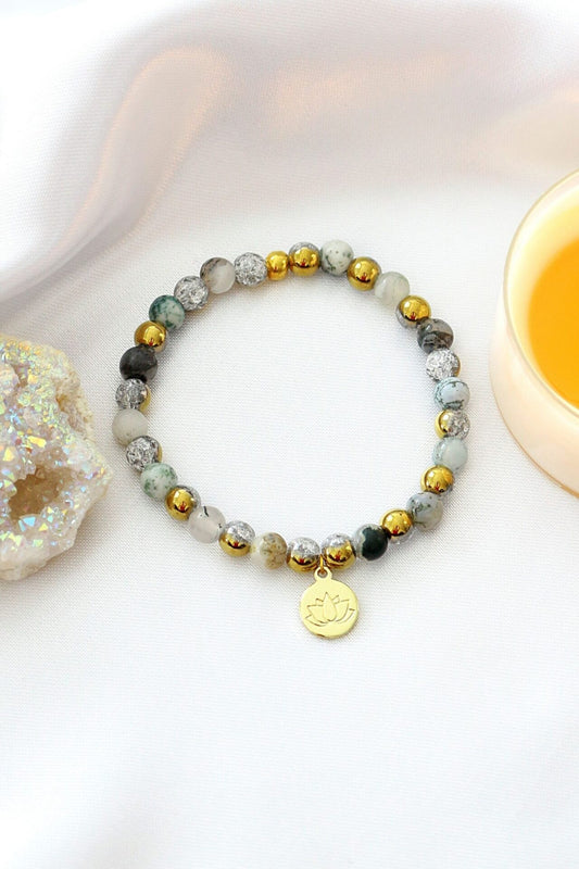 Mossy Agate Elastic Bracelet | 24K Lotus Flower Charm