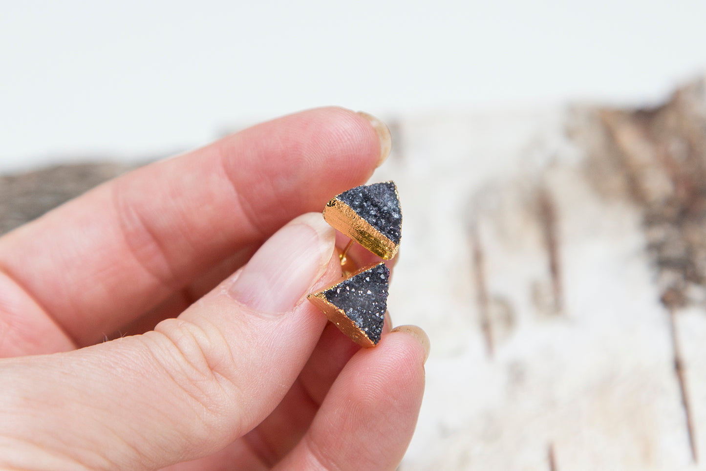 Black triangle druzy earrings, gold plated earrings