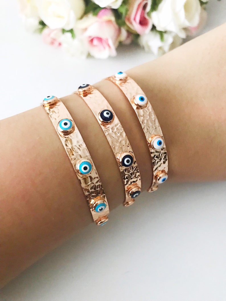 Bangle Bracelet, Evil Eye Bracelet, Rose Gold Silver Bracelet