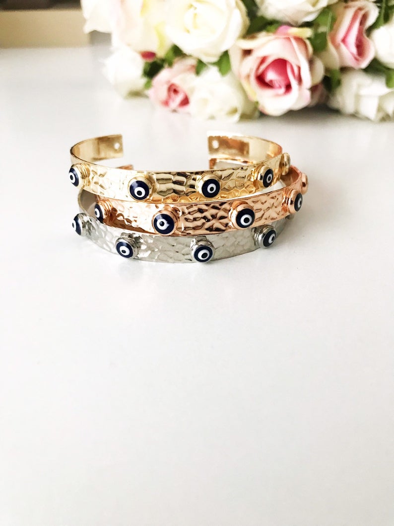 Bangle Bracelet, Evil Eye Bracelet, Rose Gold Silver Bracelet