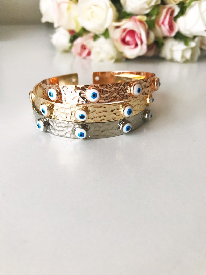 Bangle Bracelet, Evil Eye Bracelet, Rose Gold Silver Bracelet